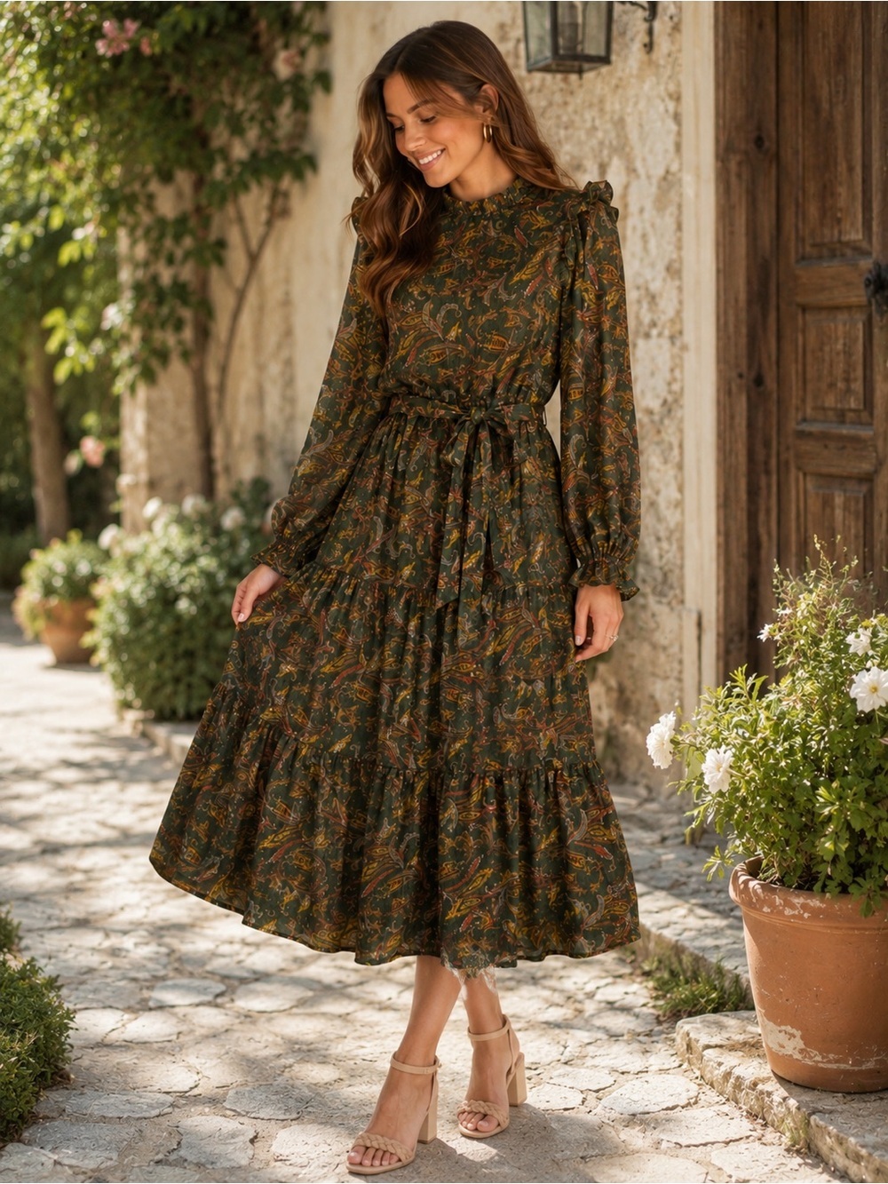 Moon River Paisley Midi Dress S Olive Green Boho Prairie Romantic Academia